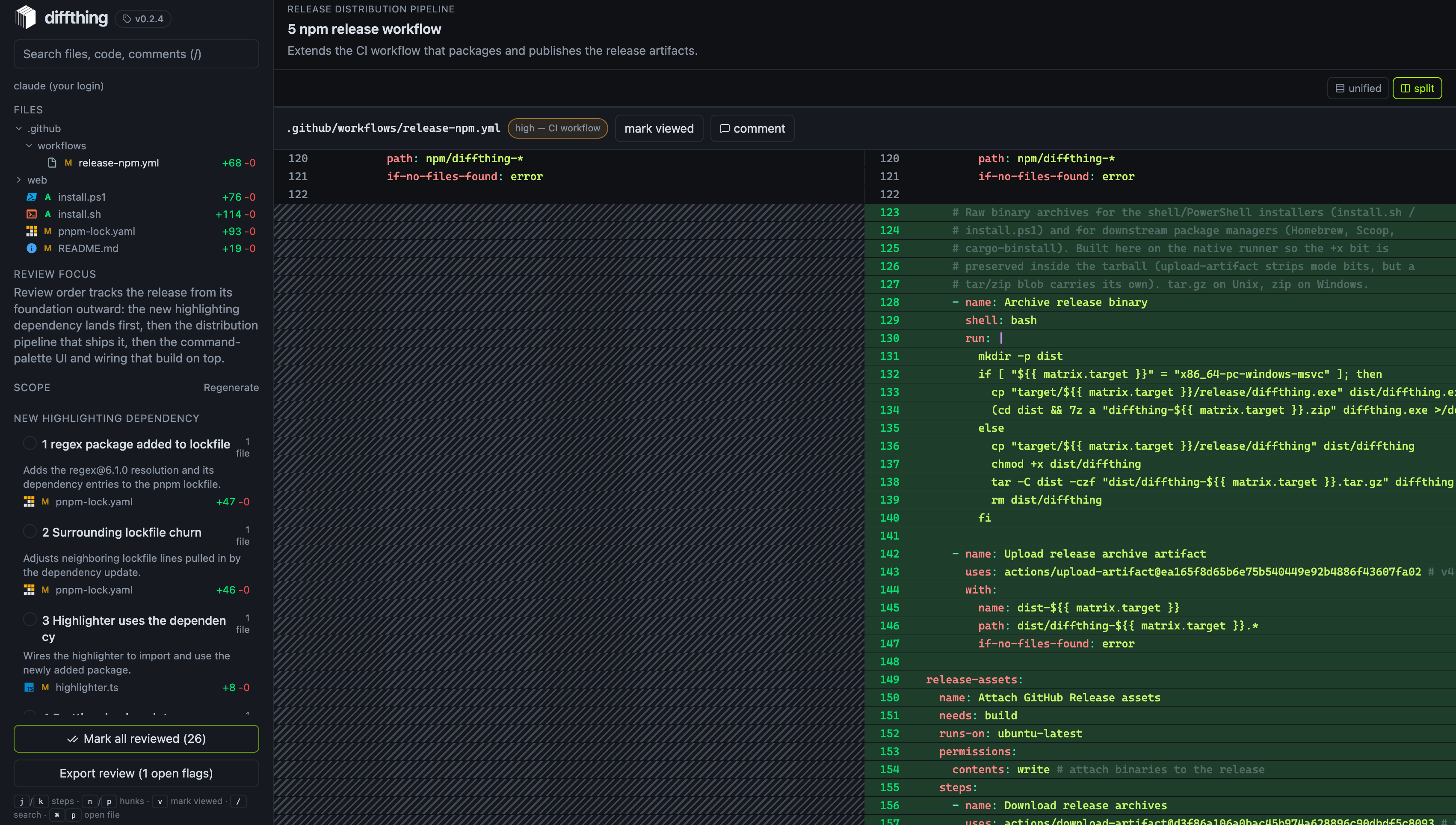 Diffthing review UI: a split diff with an AI-organized walkthrough of scopes and steps in the sidebar.