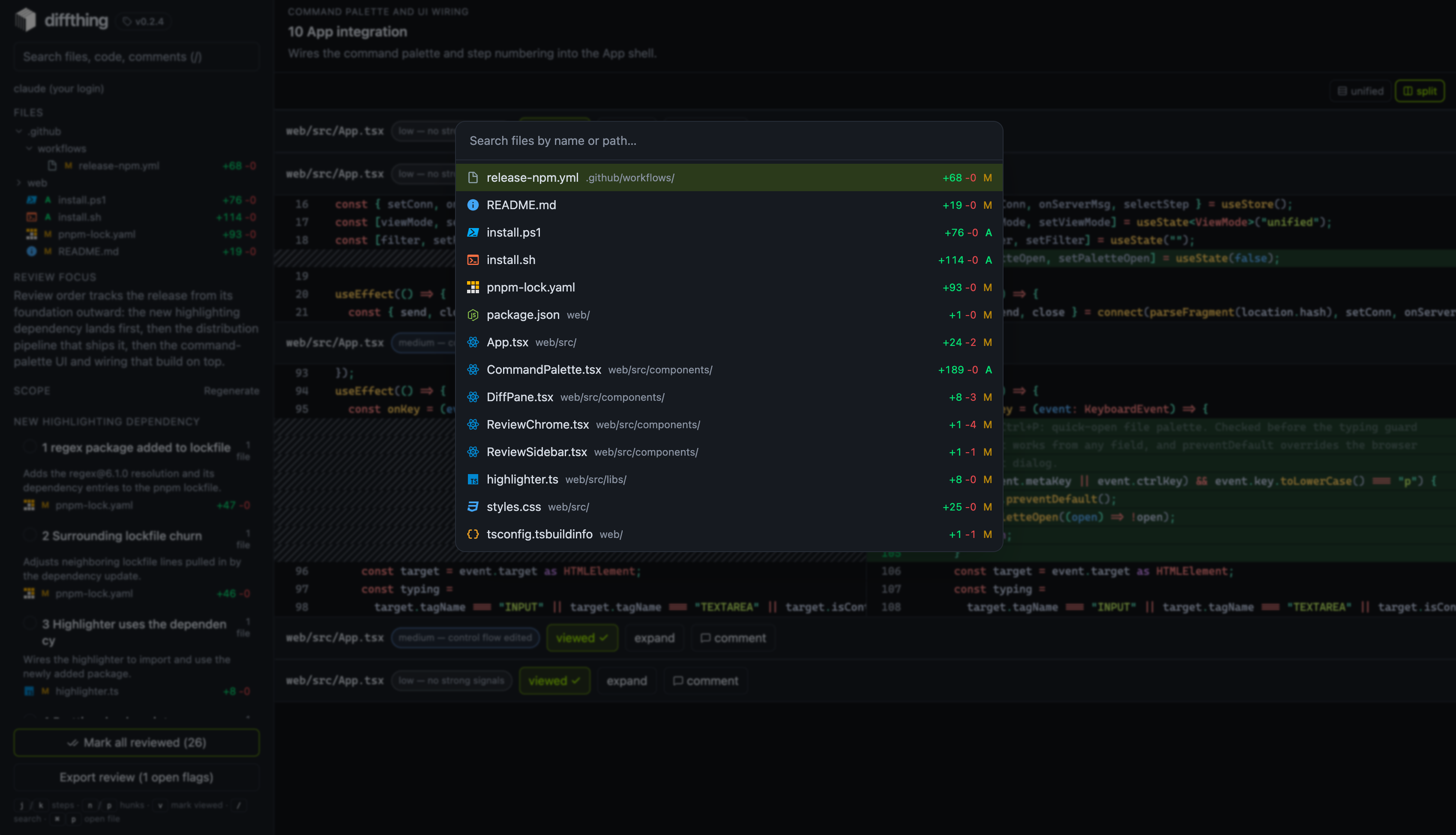 Command palette open over the review UI, listing changed files with format icons, highlighted matches, change counts, and status letters.